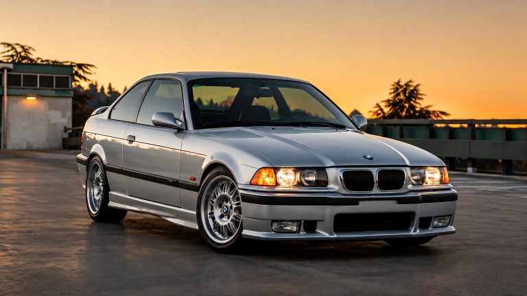 Classic BMW E36 M3 parked at sunset, showcasing its timeless performance-inspired design