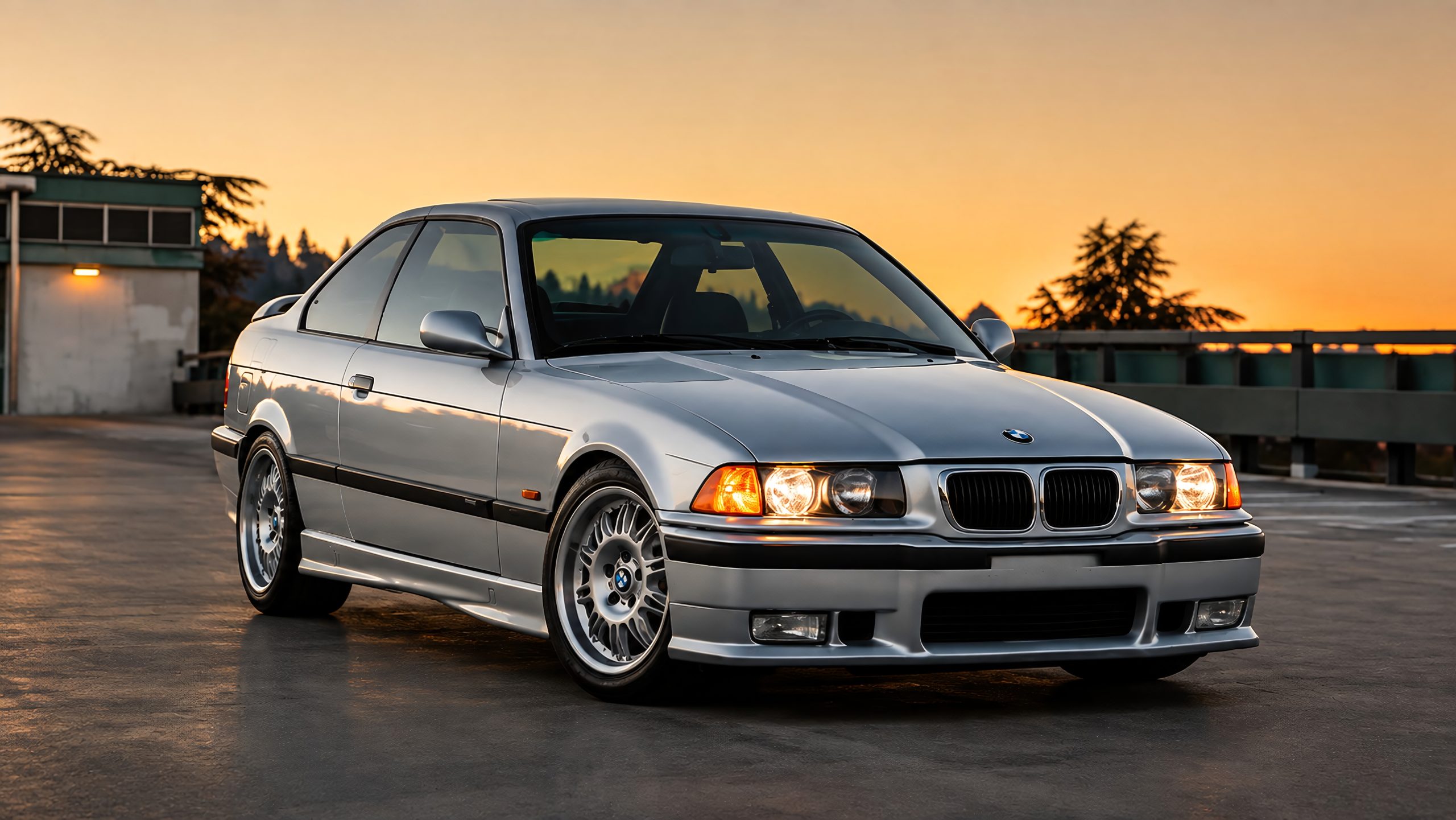 Classic BMW E36 M3 parked at sunset, showcasing its timeless performance-inspired design