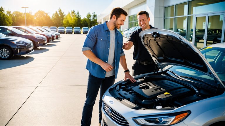 Customer and dealer inspect a vehicle's engine during a dealership visit