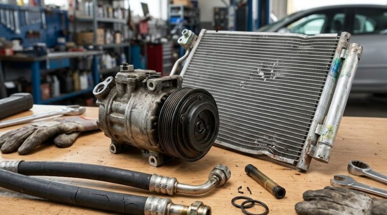 Disassembled car air conditioning condenser and compressor