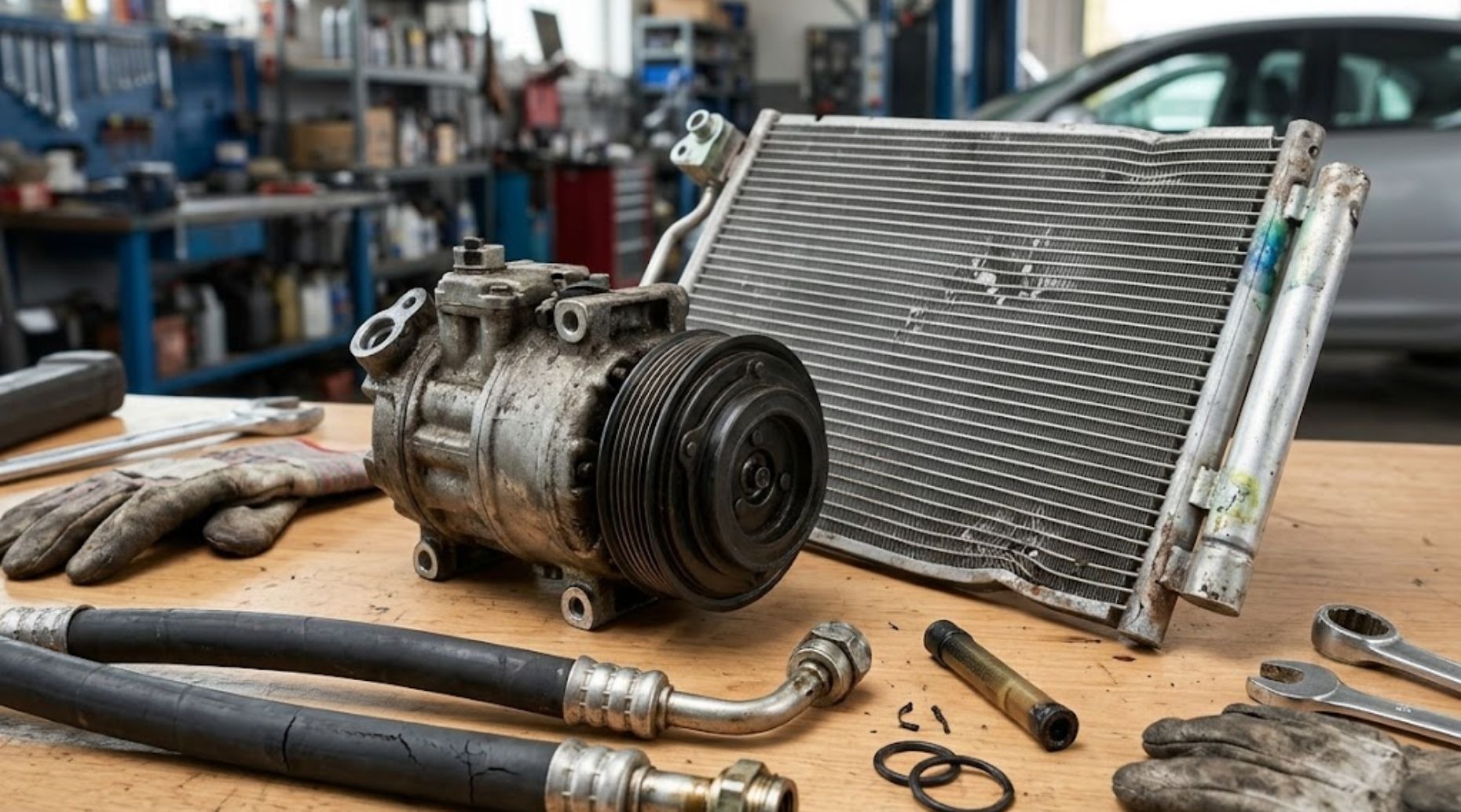 Disassembled car air conditioning condenser and compressor