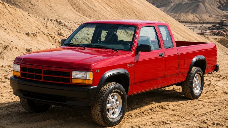 A red Dodge Dakota is standing on a hilly desert