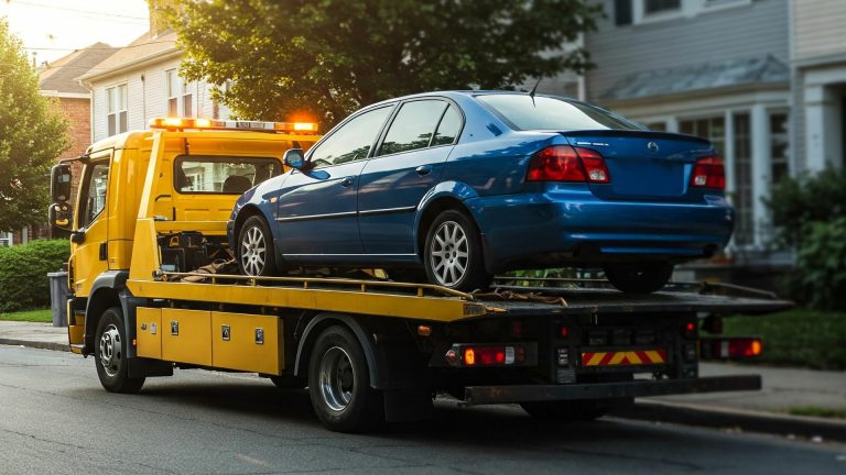 A flatbed tow truck is safely transporting a blue sedan