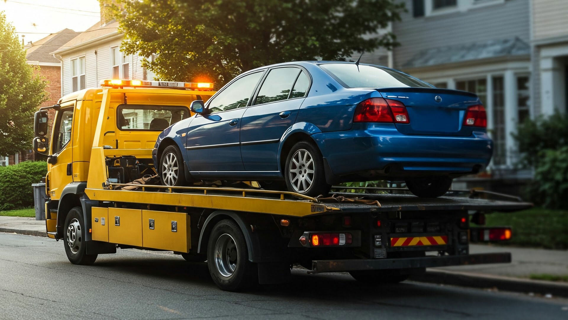 A flatbed tow truck is safely transporting a blue sedan