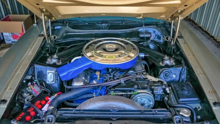 ford 429 super cobra jet v8 engine bay under the open hood