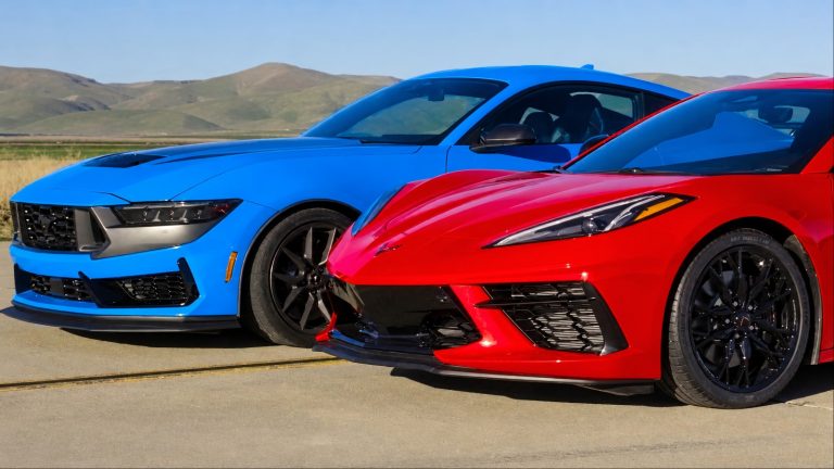 Ford Mustang Dark Horse and Chevrolet Corvette Stingray racing side-by-side