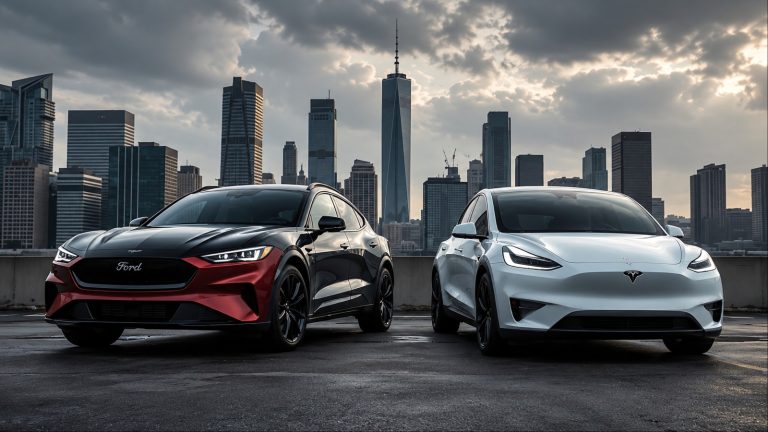 Ford Mustang Mach-E in red and black alongside a Tesla Model Y