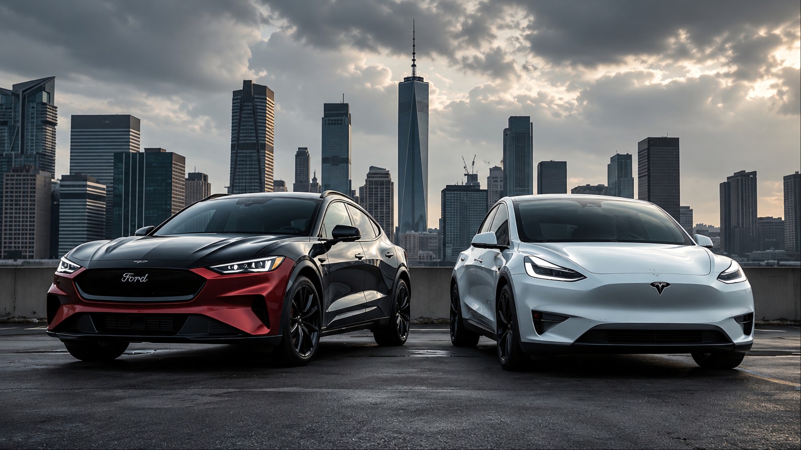 Ford Mustang Mach-E in red and black alongside a Tesla Model Y