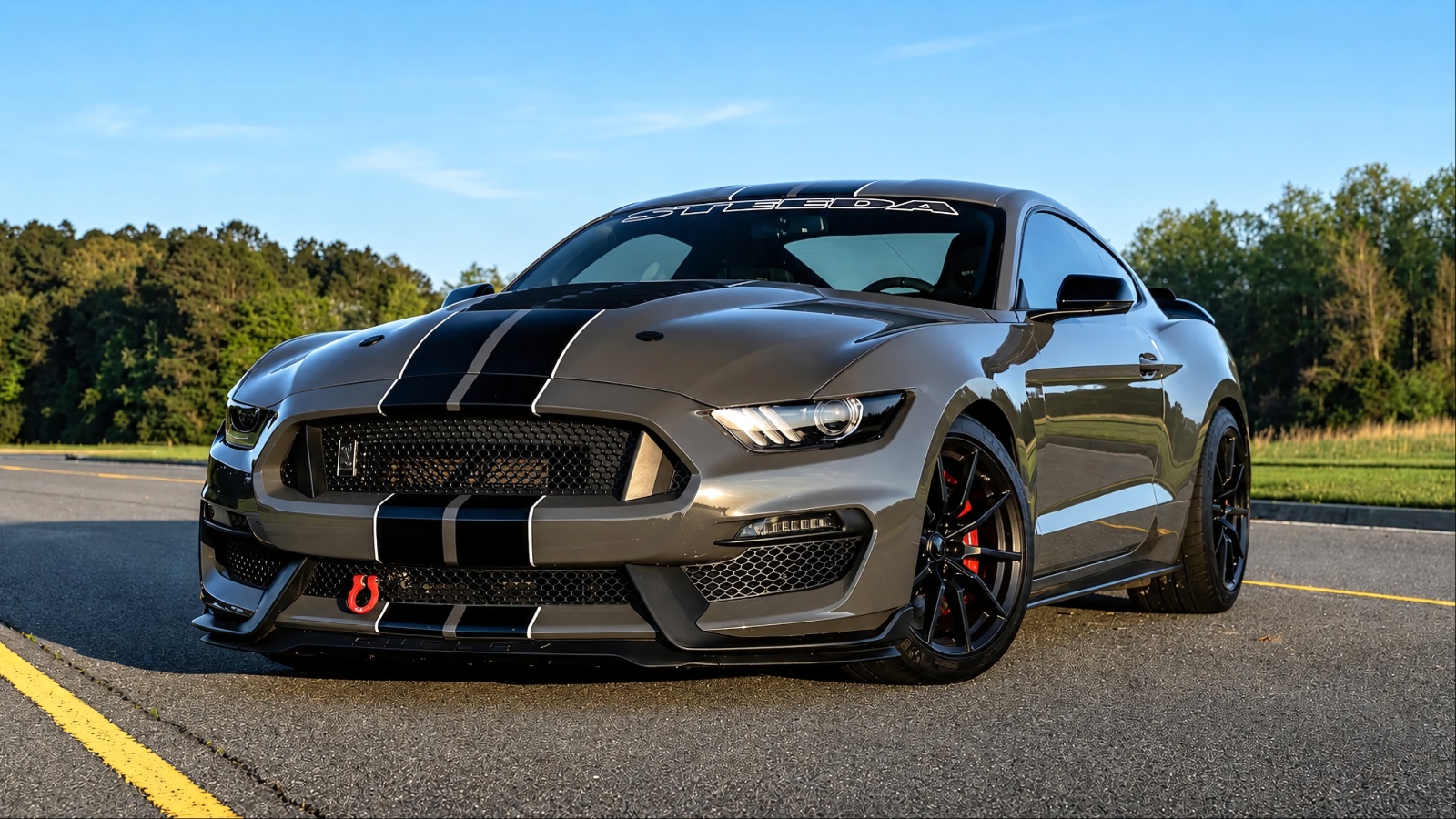 Ford Mustang Shelby GT350 parked on a road, featuring aggressive styling, racing stripes, and performance-focused details