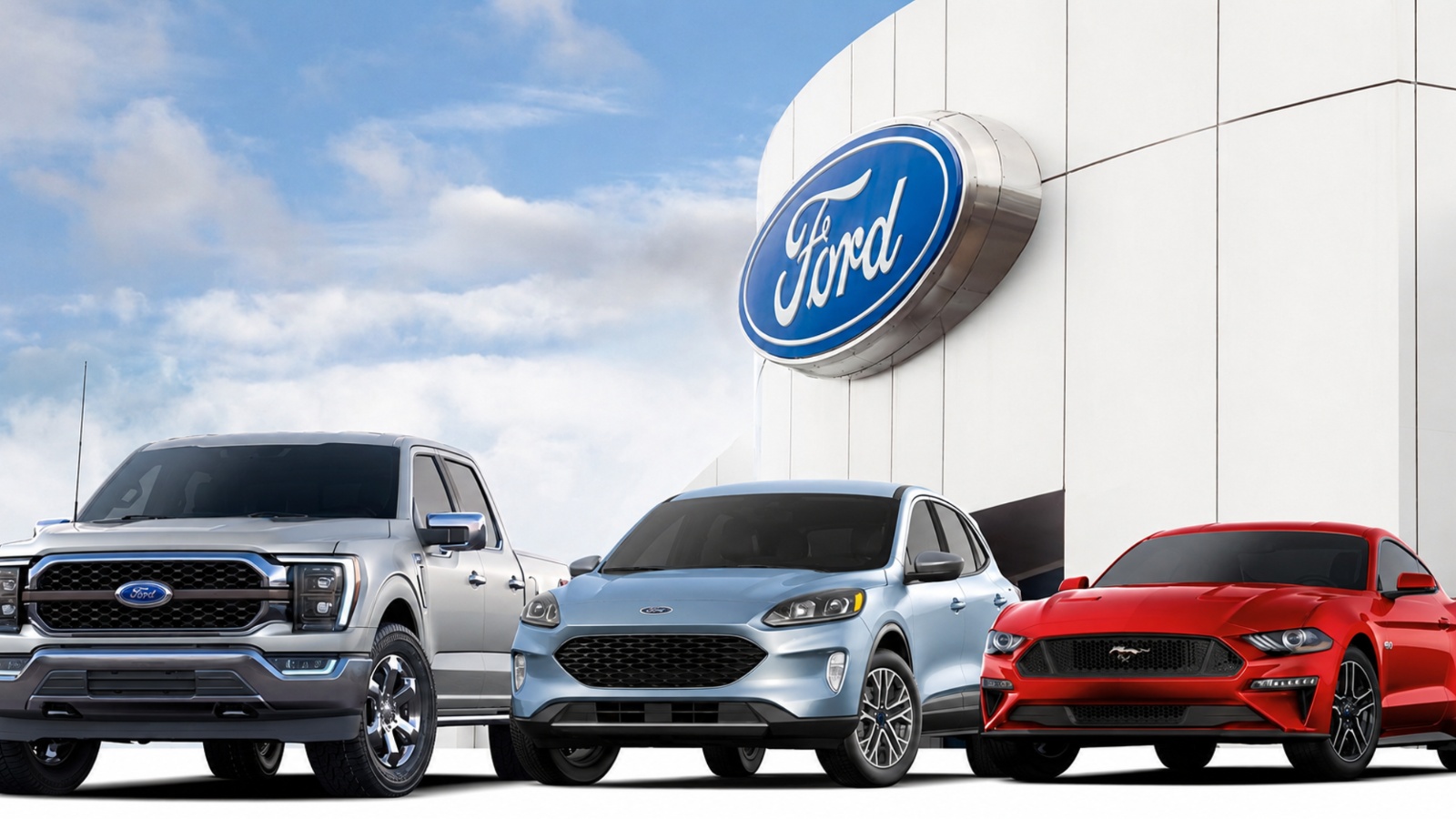 Ford vehicles showcased outside a Ford dealership, highlighting the brand's lineup