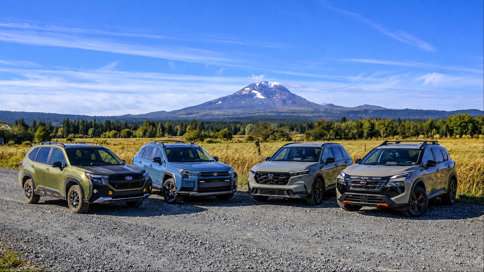 Four popular SUVs parked beneath Mount Rainier in Washington