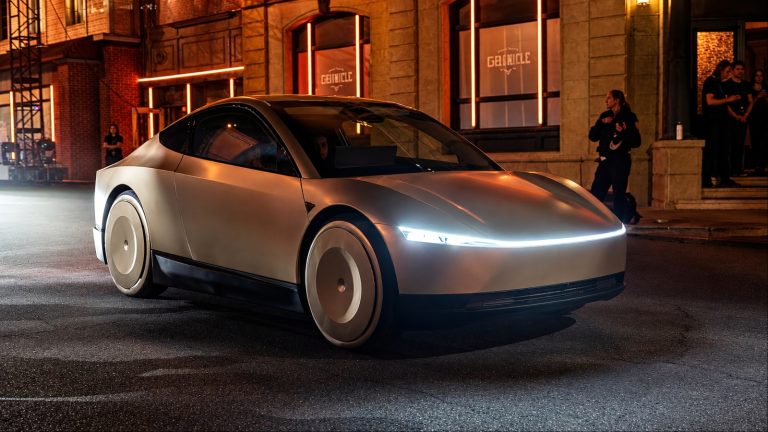 A futuristic Tesla Cybercab-style robotaxi glides through a neon-lit city street