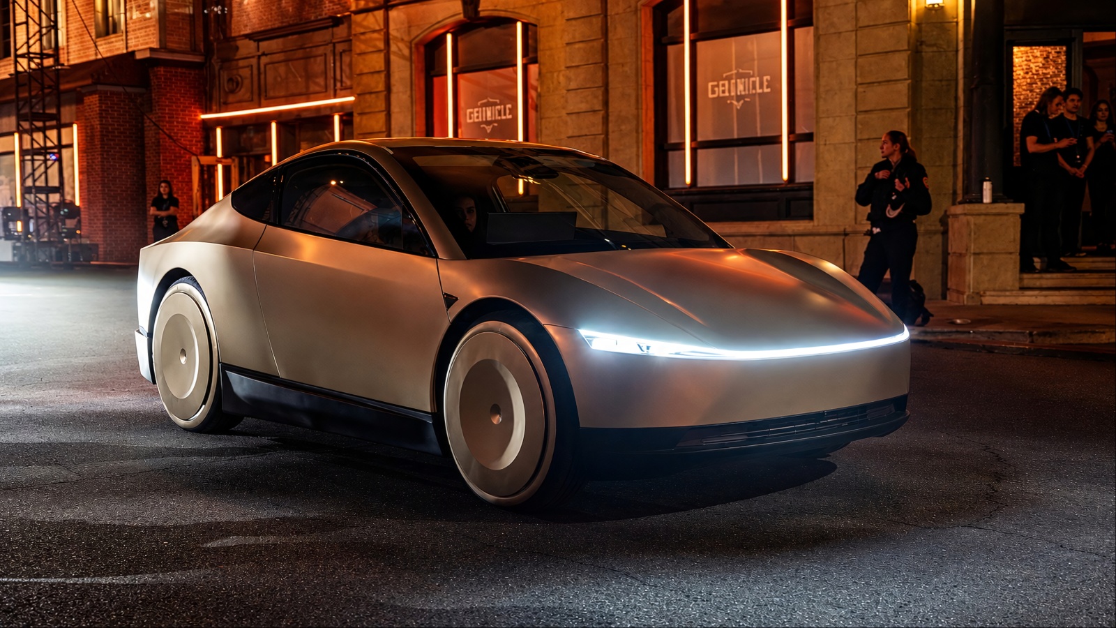 A futuristic Tesla Cybercab-style robotaxi glides through a neon-lit city street
