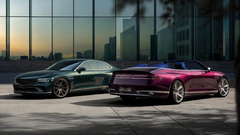 Genesis luxury coupe and convertible displayed outside a modern building