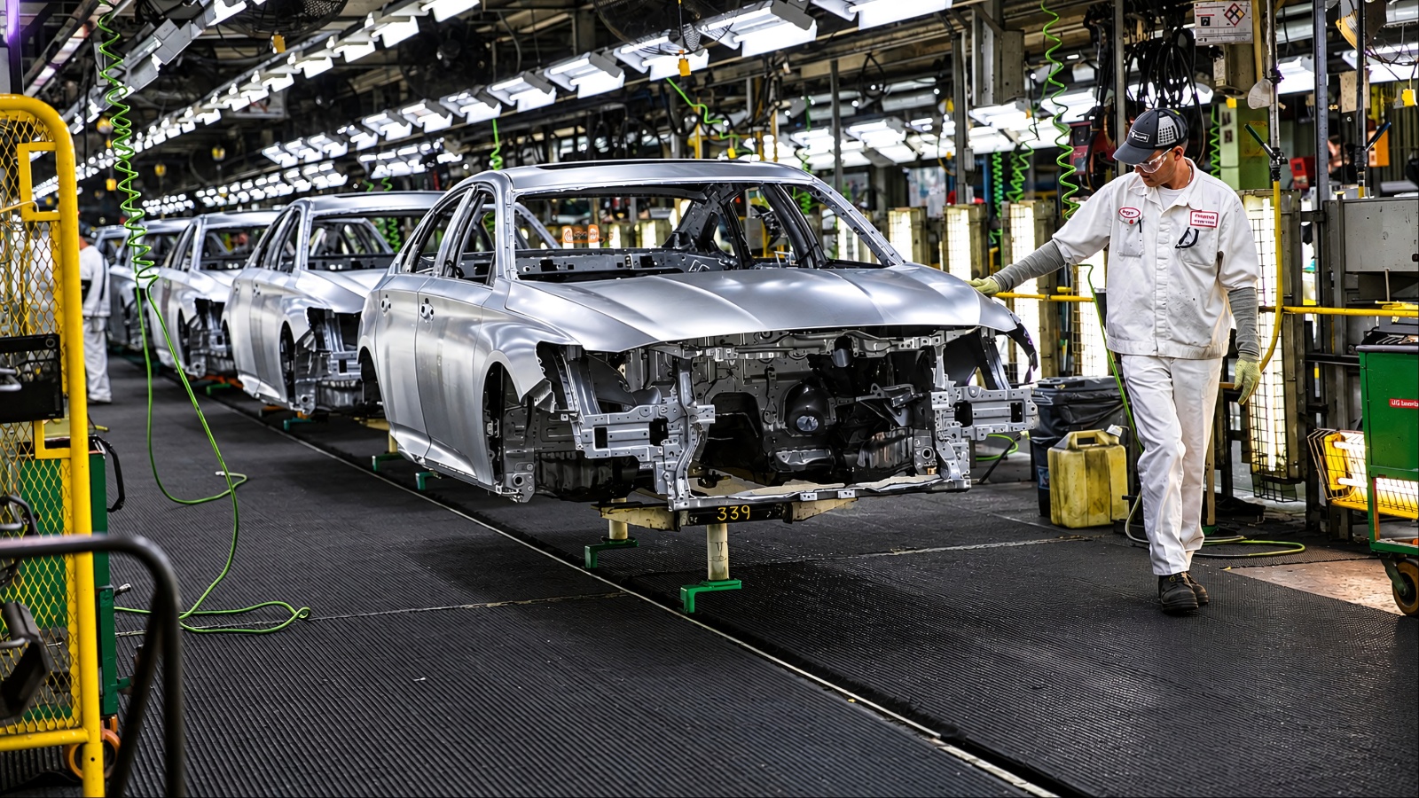 Worker in white uniform inspecting car bodies on an assembly line
