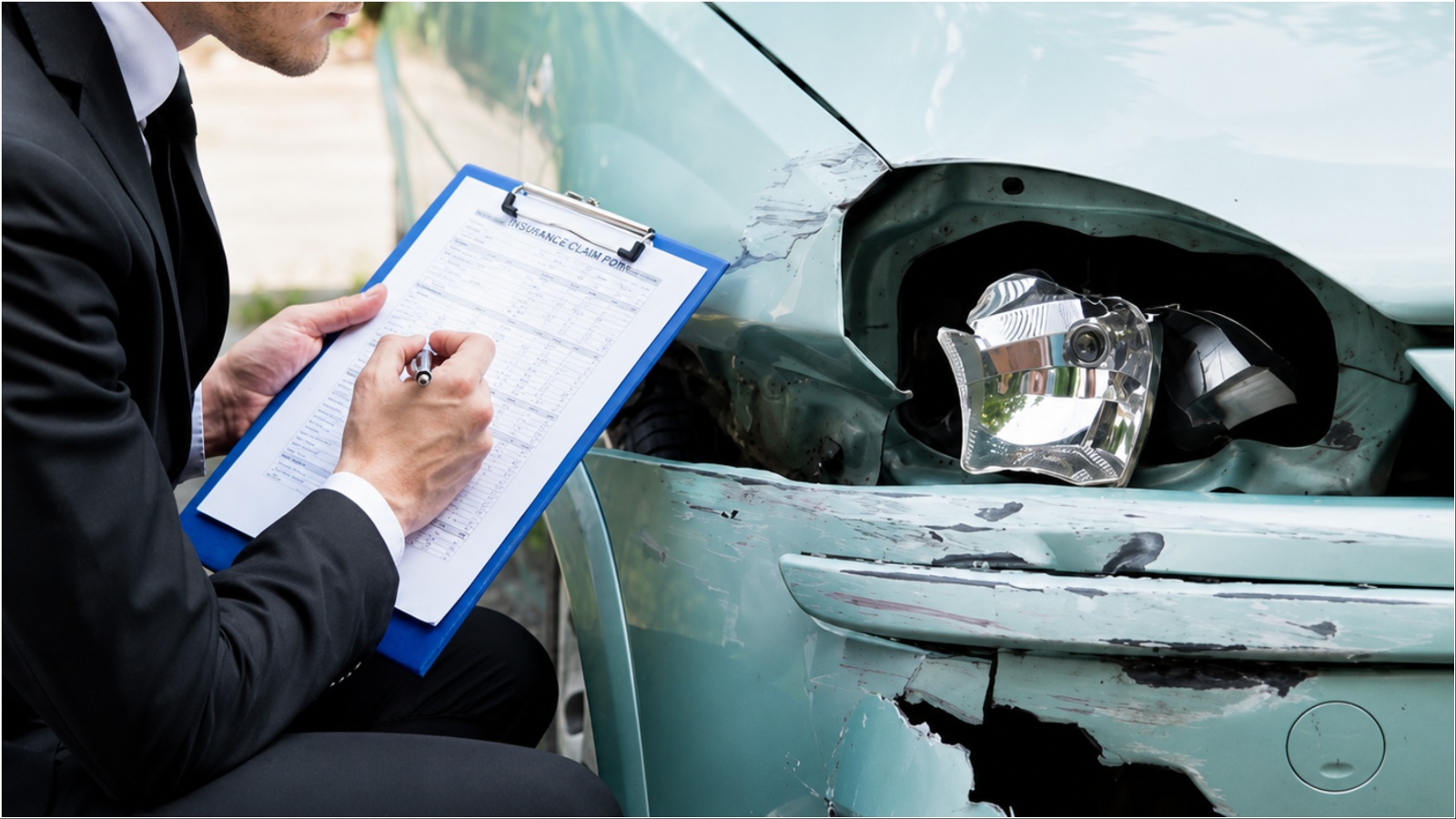 Man in suit holding clipboard inspecting damaged car headlight