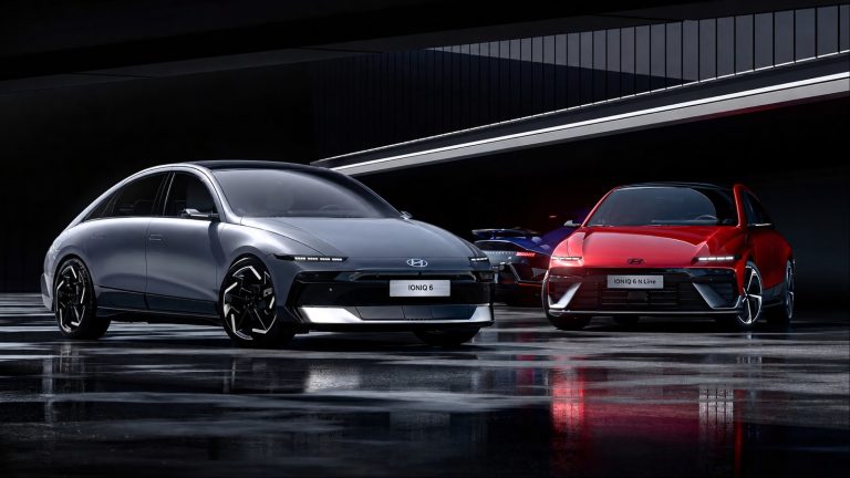 Hyundai Ioniq 6 models showcase sleek electric design in a dramatic setting