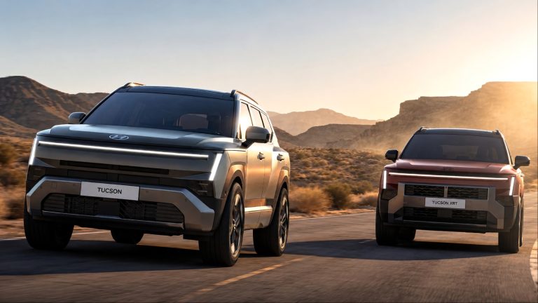 Hyundai Tucson and Tucson XRT SUVs drive together through a desert landscape