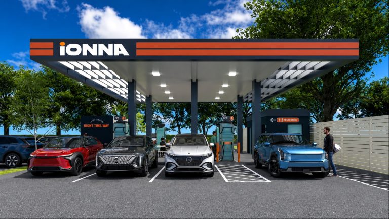 IONNA charging station with several electric vehicles parked at fast-charging stalls