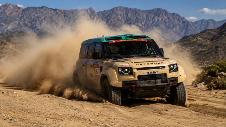 Land Rover Defender racing through desert terrain, kicking up dust against rugged mountains