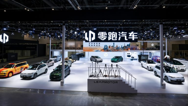 Leapmotor vehicles displayed at an indoor auto show, featuring multiple electric models