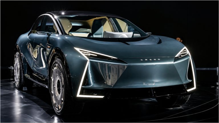 Sleek Exeed concept EV with angular illuminated headlight design displayed