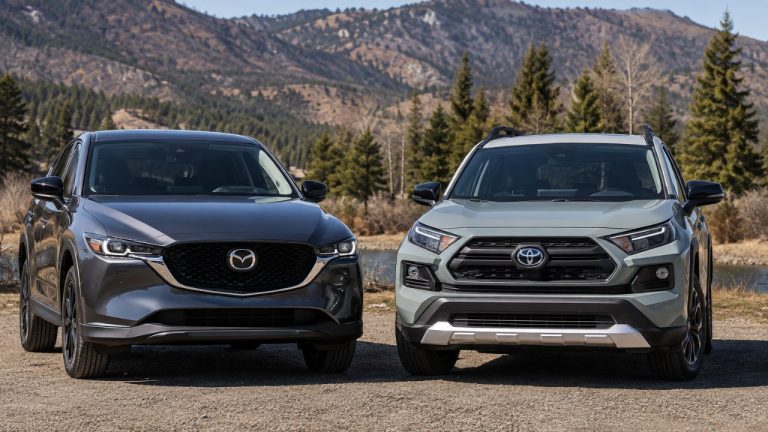 Mazda CX-5 and Toyota RAV4 parked side by side against a scenic mountainous landscape