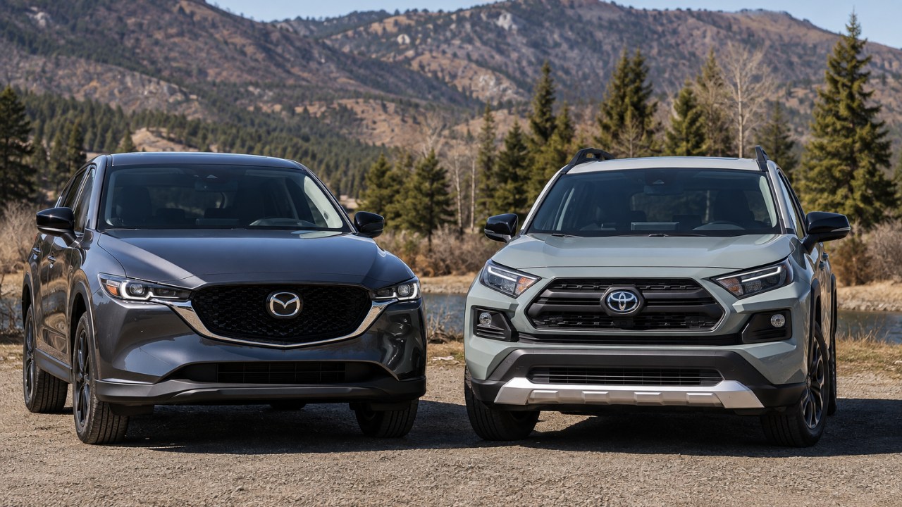 Mazda CX-5 and Toyota RAV4 parked side by side against a scenic mountainous landscape