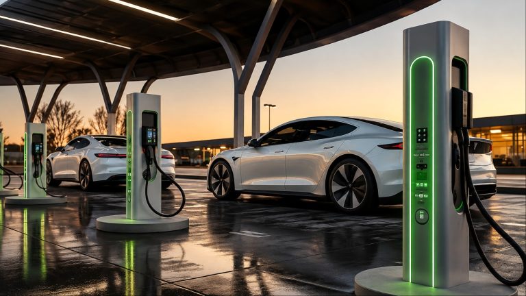 Modern electric vehicles charging at a futuristic EV charging station