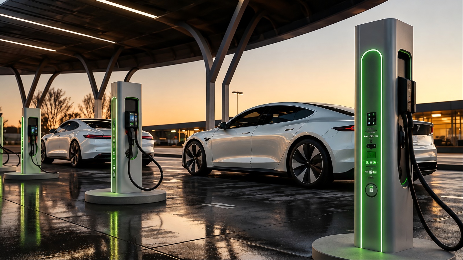 Modern electric vehicles charging at a futuristic EV charging station