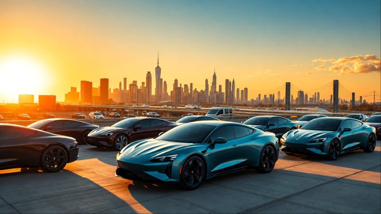 Next-generation electric cars gathered against the New York City skyline at sunset