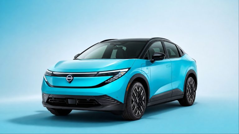 Bright cyan Nissan electric crossover parked against a light background