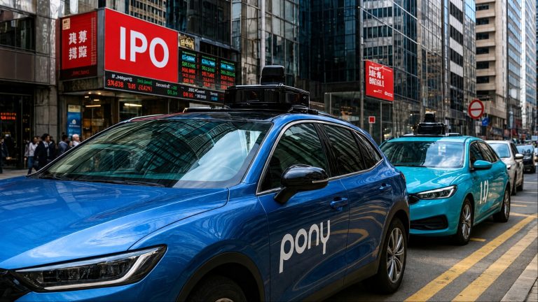 Pony.ai robotaxis navigating a busy Hong Kong street with rooftop sensors
