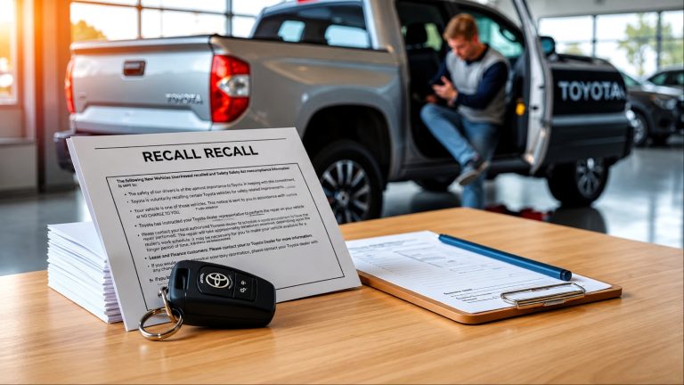Recall paperwork and a vehicle key sit beside a pickup at dealership service