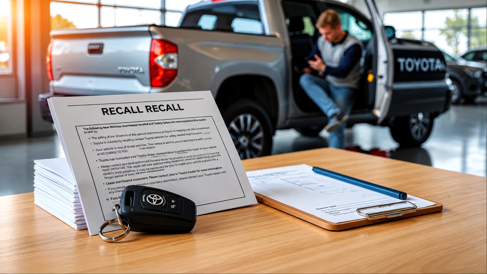 Recall paperwork and a vehicle key sit beside a pickup at dealership service