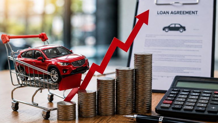 Rising auto loan costs illustrated with coins, contracts, and a red SUV