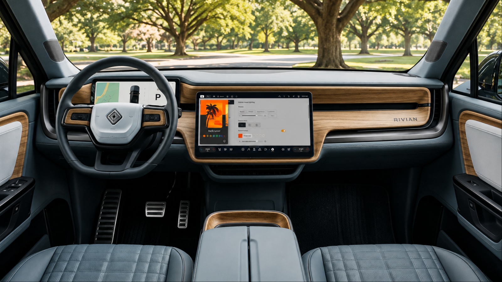 Rivian interior showcases a modern dashboard, large touchscreen, wood trim, and spacious seating