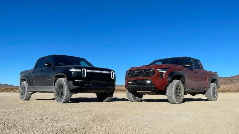 Rivian R1T and Toyota Tacoma pickups parked side by side in a desert setting