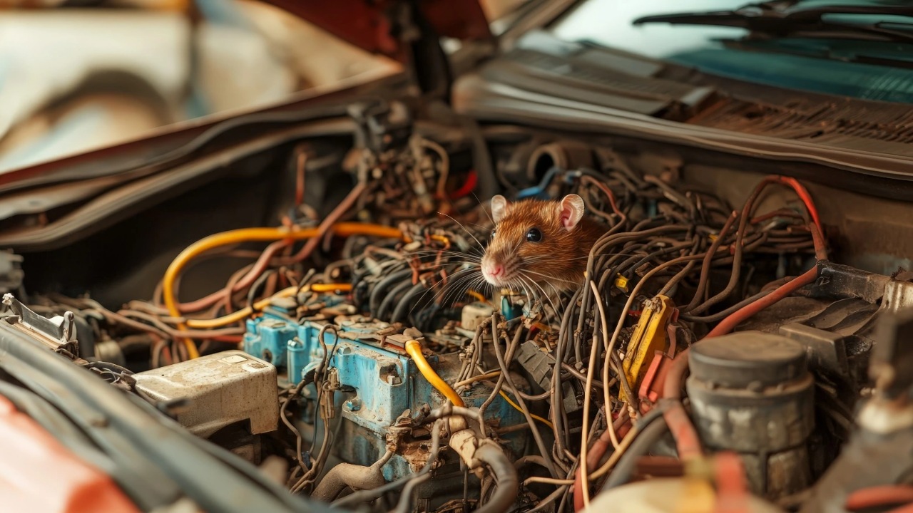 Rodent hiding inside a car engine bay, surrounded by damaged wiring and mechanical components