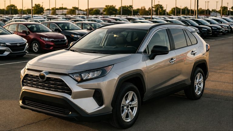 Silver crossover SUV parked on a large used car lot surrounded by other vehicles