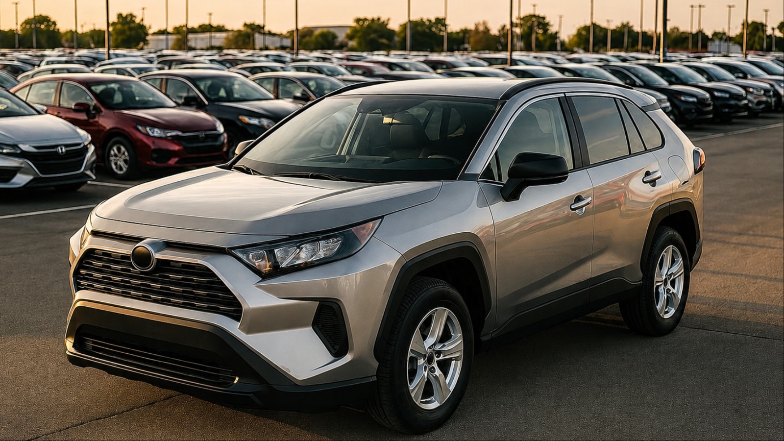 Silver crossover SUV parked on a large used car lot surrounded by other vehicles