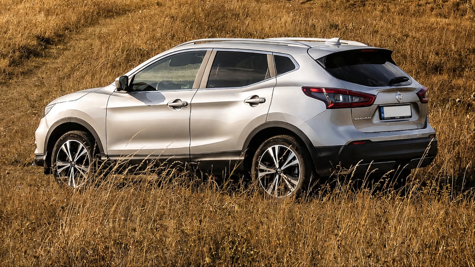 silver crossover SUV parked in a dry, grassy field under natural daylight