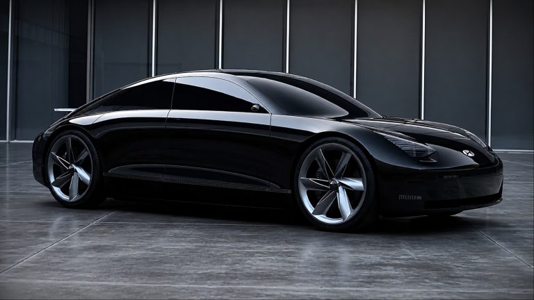Sleek black custom sedan parked in front of a building