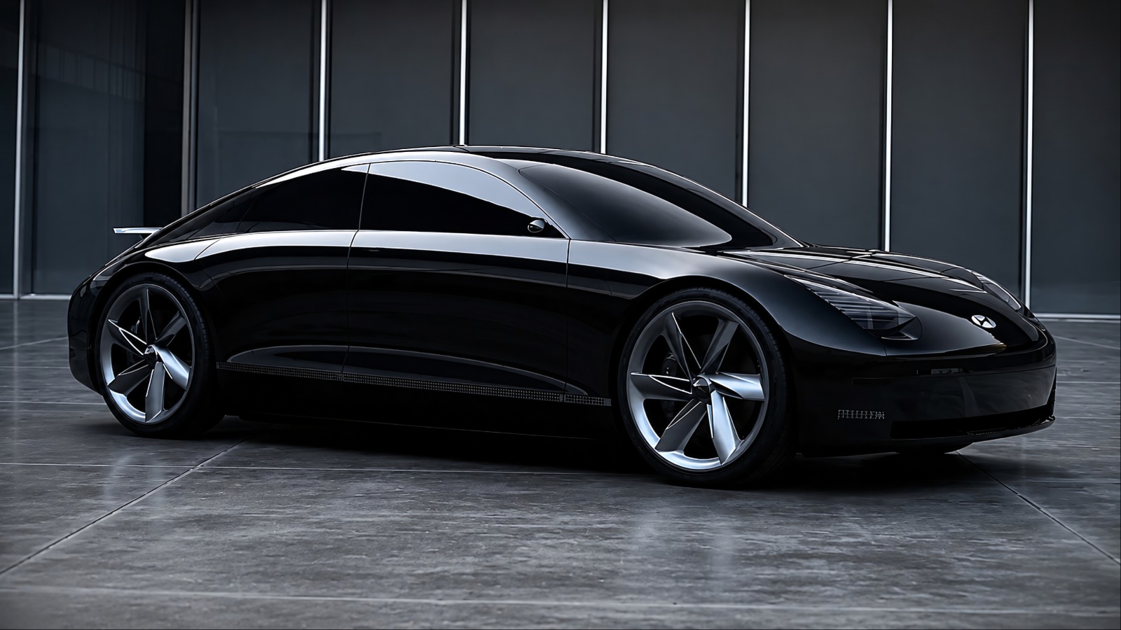 Sleek black custom sedan parked in front of a building