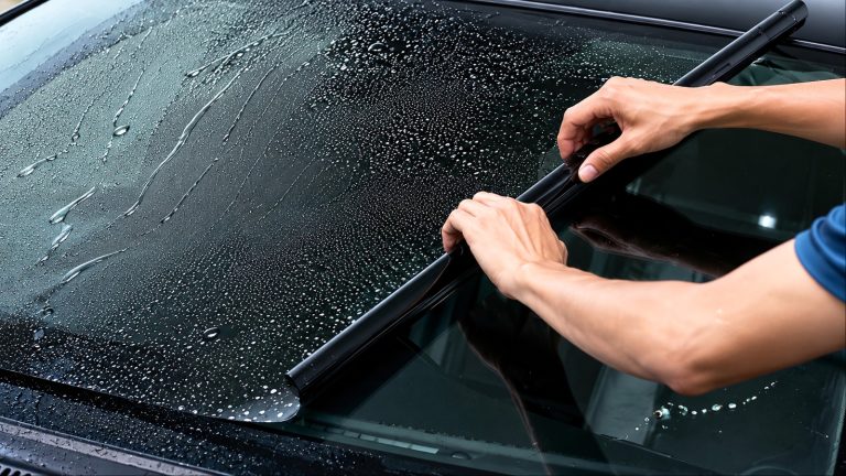 Hands installing new wiper blade on wet black car windshield