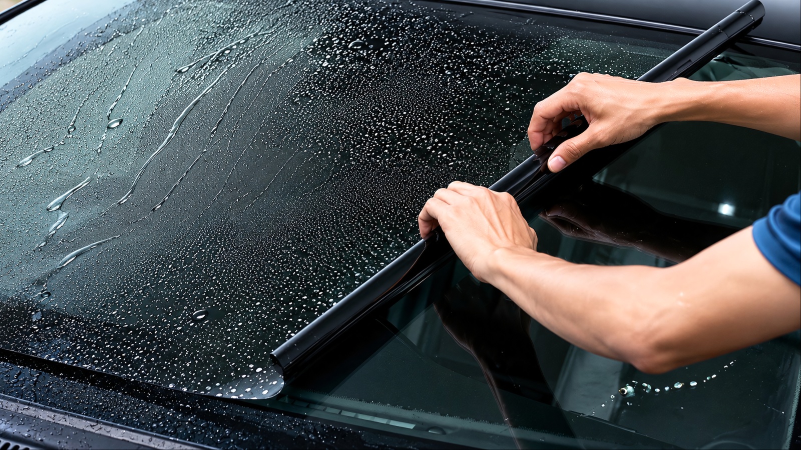 Hands installing new wiper blade on wet black car windshield