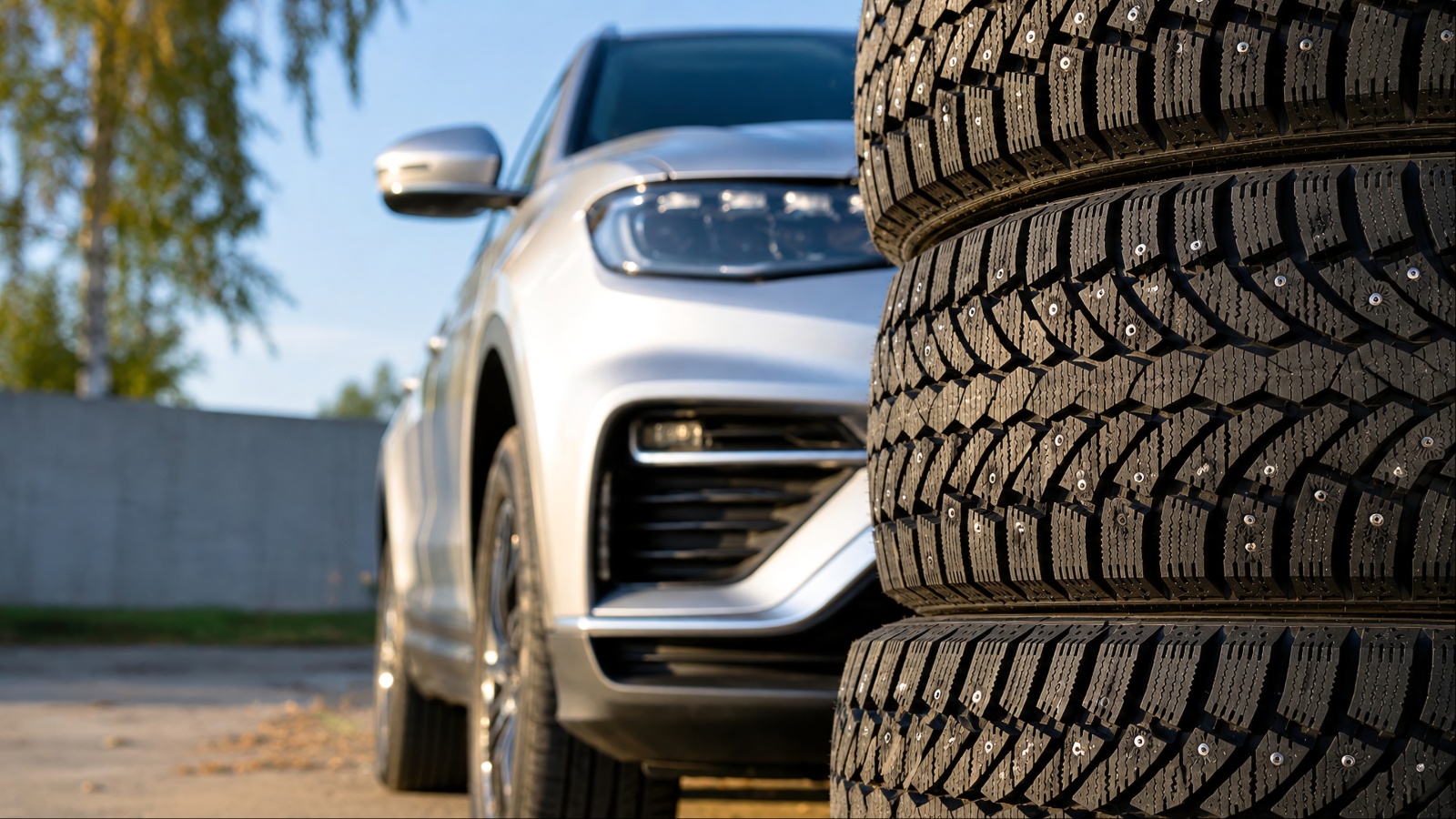 Silver SUV parked beside stacked studded winter tires outdoors