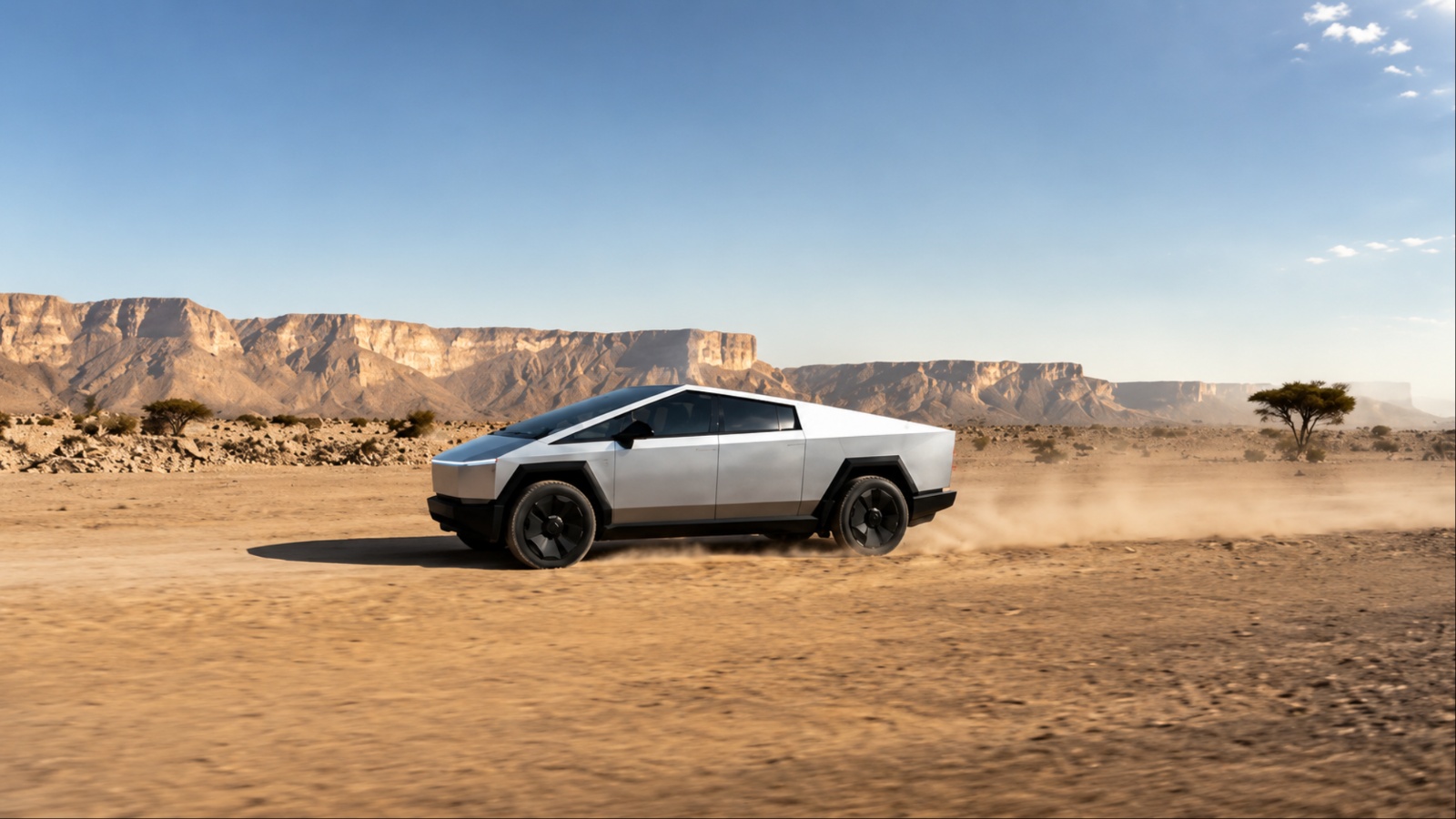 A Tesla Cybertruck drives across a dusty desert plain beneath towering cliffs