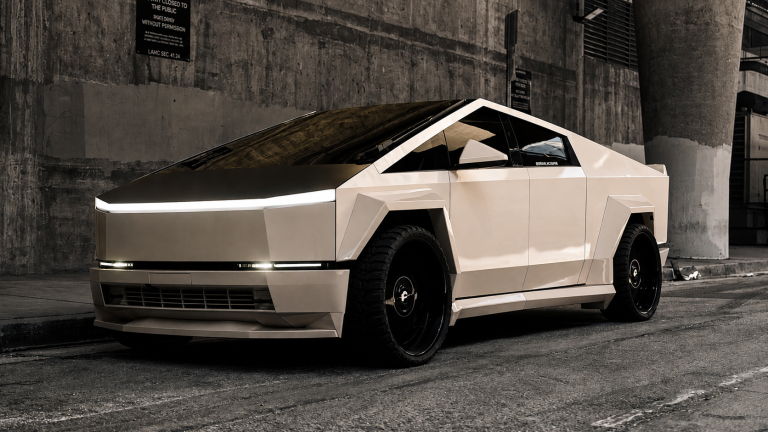 Tesla Cybertruck parked on a city street beside an industrial building