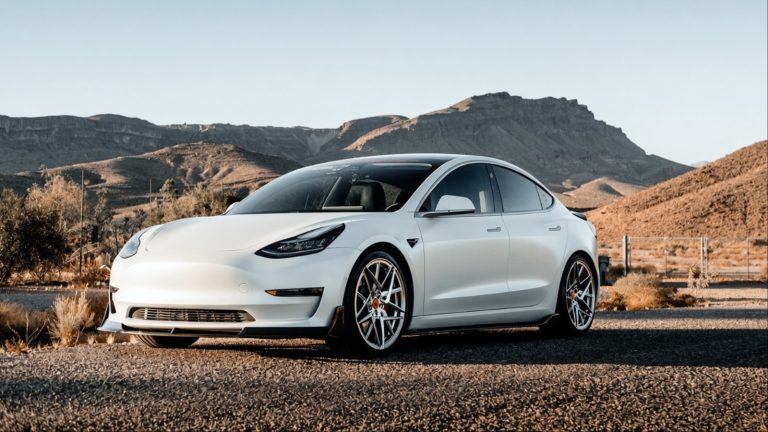 A Tesla Model 3 in white is standing on a plane road